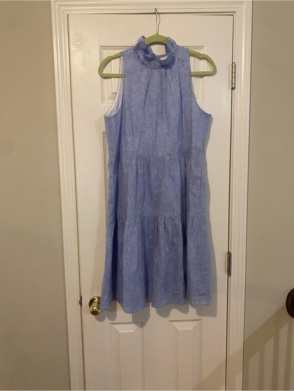 Sarah Campbell Light Blue Tiered Sleeveless Linen Midi Dress with Ruffle Neck S
